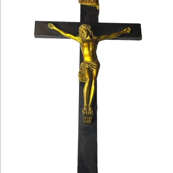 Antique Black Oak wood Victorian Heavy Brass Crucifix Religious Jesus Wall hang - Picture 4 of 16